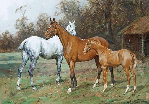 Horses In A Field Oil Painting by George Wright