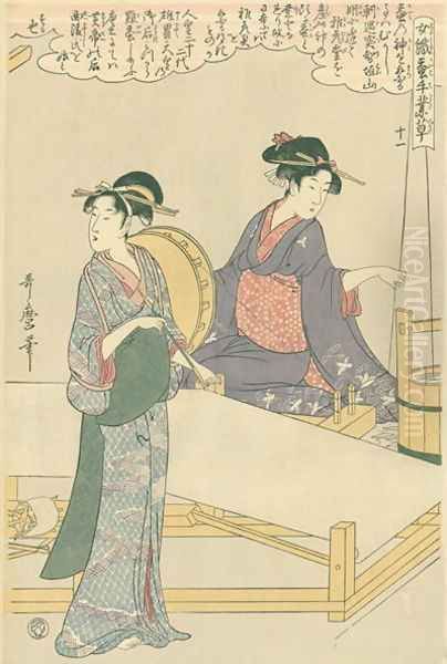 Spinning the silk, no.11 from Joshoku kaiko tewaza-gusa, c.1800 Oil Painting by Kitagawa Utamaro