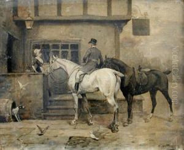 A Gentleman On A Grey Hunter Arriving At An Inn Oil Painting by George Wright