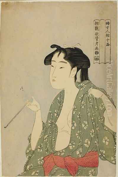 Woman Exhaling Smoke from a Pipe Oil Painting by Kitagawa Utamaro