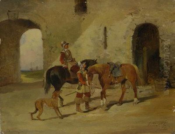 Mounted Soldiers In A Courtyard Oil Painting by George Wright