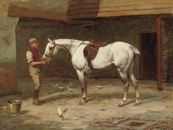 Grey Hunter And Groom In A Stable Yard Oil Painting by George Wright