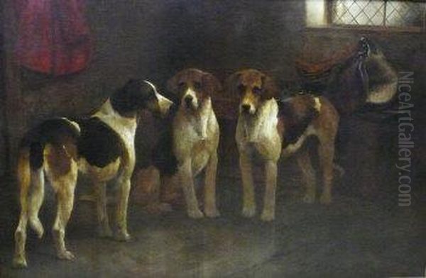 Three Hounds In A Tack Room Interior Oil Painting by George Wright