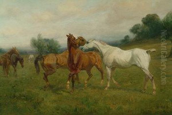 Spring Fever, Equestrian Study 
Of Grey, Chestnut And Bay Stallions And Other Horses In A Meadow Oil Painting by George Wright