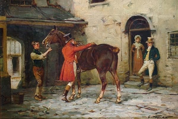 A Gentleman Mounting A Horse Before A Tavern Oil Painting by George Wright