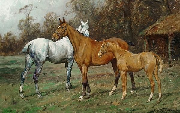 Horses In A Paddock Oil Painting by George Wright