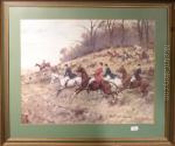 Huntsmen And Huntswomen Hounds Galloping Down A Hill From A
 Wood. Oil Painting by George Wright