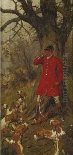 Hunstman Calling Hounds At The Kill Oil Painting by George Wright