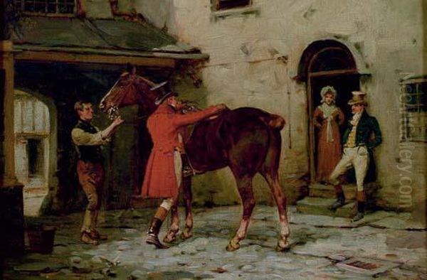 Gentleman Mounting His Horse Oil Painting by George Wright