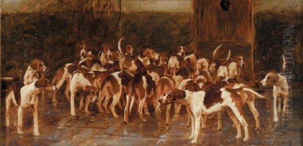 Anticipation - A Pack Of Hounds In A Loose Box Awaiting Thehunt Oil Painting by George Wright