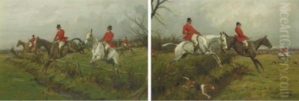 Clearing The Fences: A Pair Of Hunt Scenes Oil Painting by George Wright