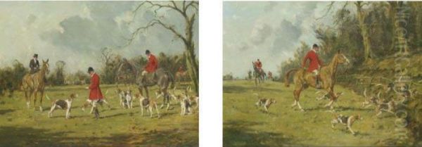 Waiting For Orders And On The Scent: A Pair Of Hunt Scenes Oil Painting by George Wright