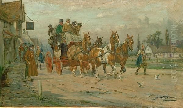 Stagecoach Outside A Country Inn Oil Painting by George Wright