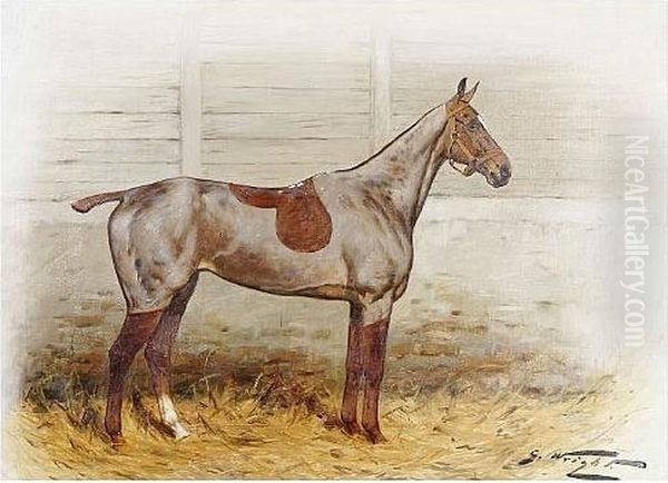 A Clipped Chestnut Hunter Mare 
In A Loose Box, And Another, A Clipped Chestnut Gelding In A Loose Box, A
 Pair Oil Painting by George Wright