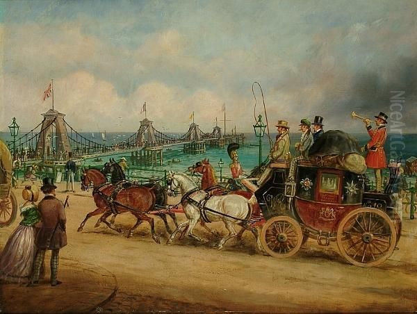 The Portsmouth To Hastings Mail Coach Passing The Old Chain Pier, Brighton Oil Painting by George Wright