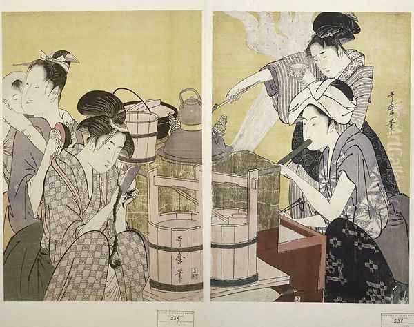 Kitchen Scene Oil Painting by Kitagawa Utamaro