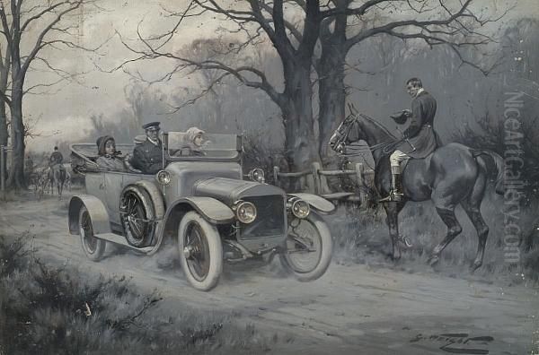 Huntsman Making Way For A Motor Car Oil Painting by George Wright