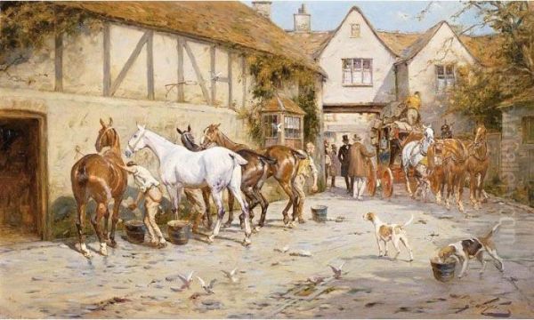 Horses Being Groomed In A Courtyard Outside A Stable Oil Painting by George Wright