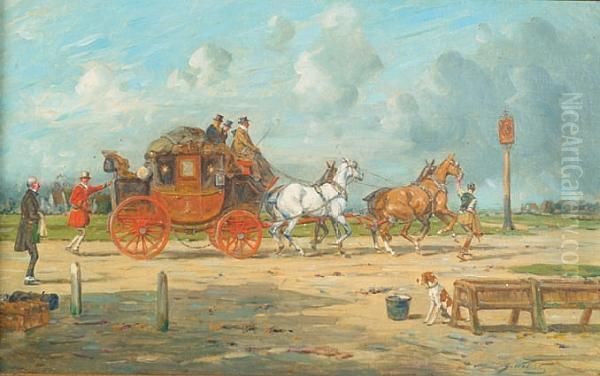 London And Exeter Coach Arriving At A Staging Inn Oil Painting by George Wright