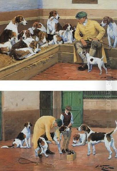 Hounds In A Kennel; And Hounds In A Yard: A Pair Of Paintings Oil Painting by George Wright