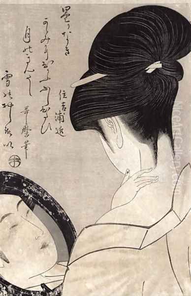 Young woman applying make-up, c.1795-96 Oil Painting by Kitagawa Utamaro