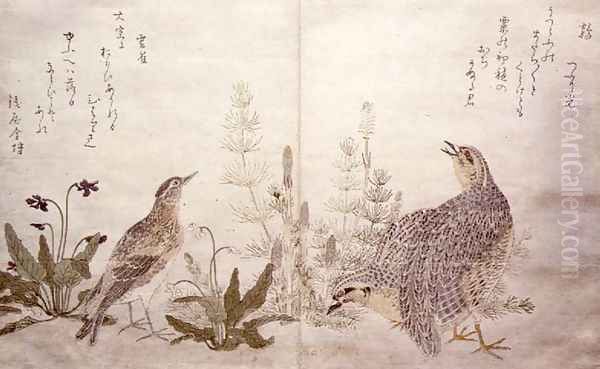 Pair of Quail and grasses on the right and a Skylark amid grasses on the left, from an album Birds compared in Humorous Songs, 1791 Oil Painting by Kitagawa Utamaro