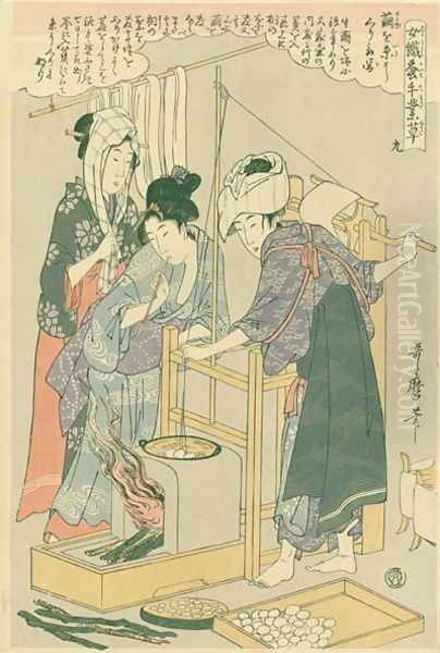 Winding the thread, no.9 from Joshoku kaiko tewaza-gusa, c.1800 Oil Painting by Kitagawa Utamaro