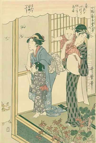 Watching moths, no.8 from Joshoku kaiko tewaza-gusa, c.1800 Oil Painting by Kitagawa Utamaro