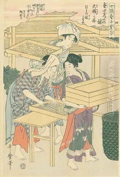 Stirring the silk worms, no.4 from Joshoku kaiko tewaza-gusa, c.1800 Oil Painting by Kitagawa Utamaro