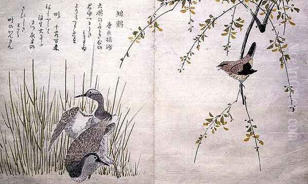 Wren and a pair of Snipe, from an album Birds compared in Humorous Songs, 1791 Oil Painting by Kitagawa Utamaro