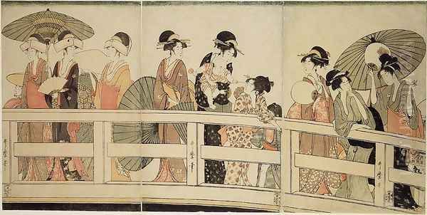 Enjoying the Evening Cool on and under the Bridge Oil Painting by Kitagawa Utamaro