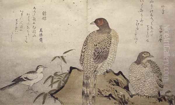 Two Copper Pheasants and a Wagtail, from an album Birds compared in Humorous Songs, 1791 Oil Painting by Kitagawa Utamaro