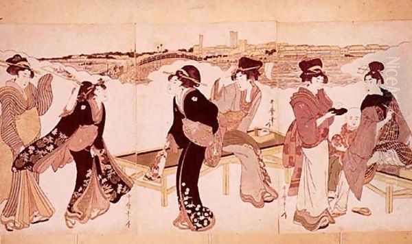 Playing Shuttlecocks at Ryogoku Oil Painting by Kitagawa Utamaro