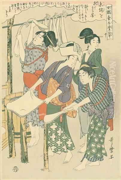 Stretching the silk floss, no.10 from Joshoku kaiko tewaza-gusa, c.1800 Oil Painting by Kitagawa Utamaro