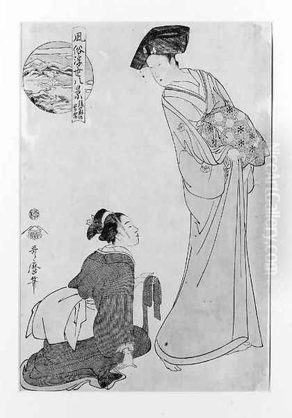 A print in sumi and slight colour depicting a shinzo kneeling before a standing courtesan offering a sash, signed Utamaro hitsu, seal of Tsutaya Jusab Oil Painting by Kitagawa Utamaro