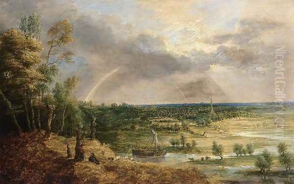 Panoramic River Landscape Oil Painting by Lucas Van Uden