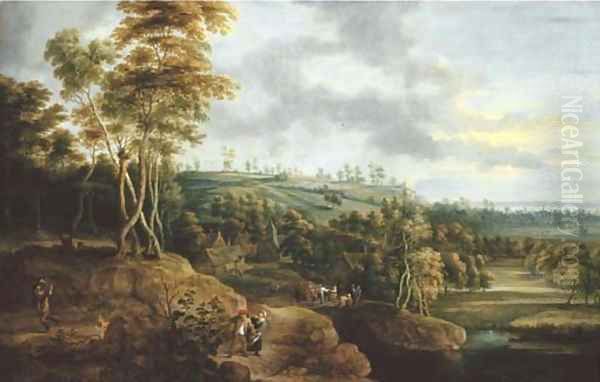 An extensive river landscape with a peasant couple in the foreground, a village kermesse beyond Oil Painting by Lucas Van Uden