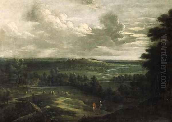 An extensive landscape in summer with an infantryman and a peasant conversing in the foreground Oil Painting by Lucas Van Uden