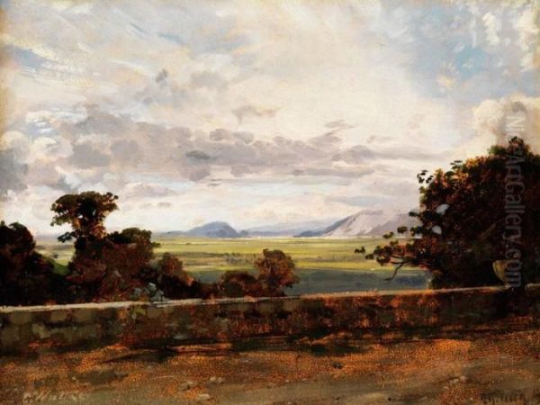 Italienische Landschaft Mit Einer Strassenmauer Im Vordergrund Oil Painting by Carl Wuttke