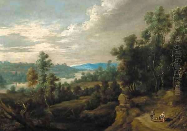 A wooded landscape with peasants resting on a road, a river beyond Oil Painting by Lucas Van Uden