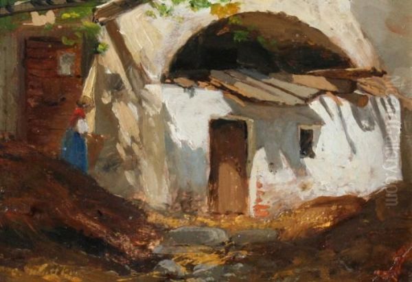 Village Scene With Figure Approaching Door Oil Painting by Carl Wuttke