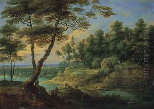 A wooded river landscape with peasants Oil Painting by Lucas Van Uden