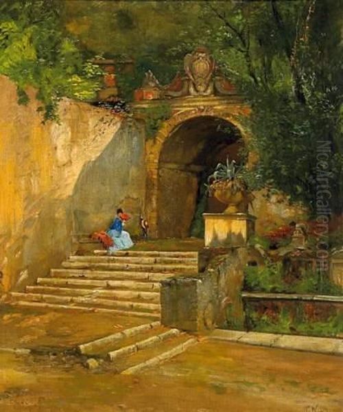 Lady In The Park Of The Villa D'este In Tivoli Oil Painting by Carl Wuttke