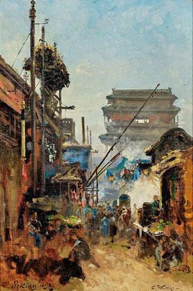 Strasenszene In Peking Mit Blick Auf Das Alte Hata Men-tor Oil Painting by Carl Wuttke