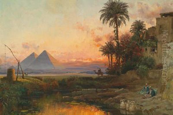 Veduta Delle Piramidi Di Giza Al Tramonto Oil Painting by Carl Wuttke