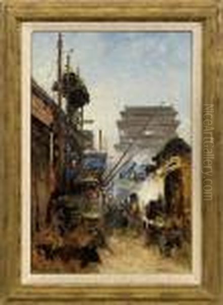 Strasenszene In Pekingmit Blick Auf Das Alte Hata Men-tor Oil Painting by Carl Wuttke