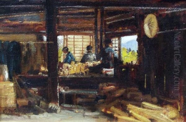 Drechslerwerkstatte In Japan Oil Painting by Carl Wuttke