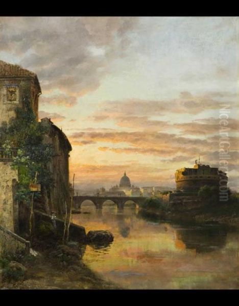 Veduta Di Roma Con Castel Sant?angelo E Il Vaticano Sullo Sfondo Oil Painting by Carl Wuttke