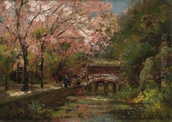 Japan Cherry Blossom. Signed 
Lower Left: C. Wuttke As Well As Noted And Dated Below Right: Tokio 25. 
Mai 98 Oil Painting by Carl Wuttke