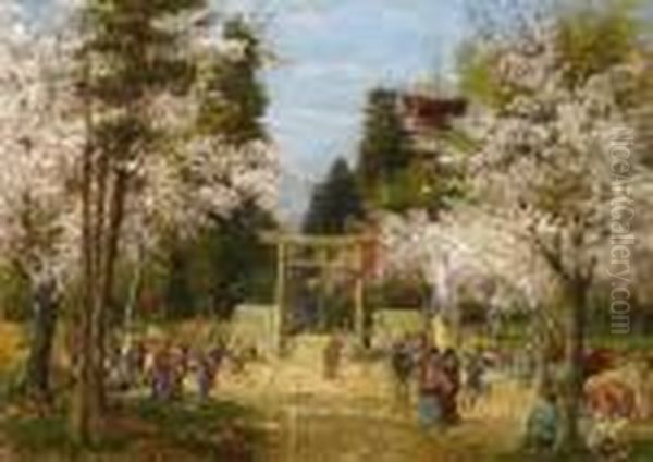 The Ueno Park In Tokyo With Cherry Trees In Bloom Oil Painting by Carl Wuttke